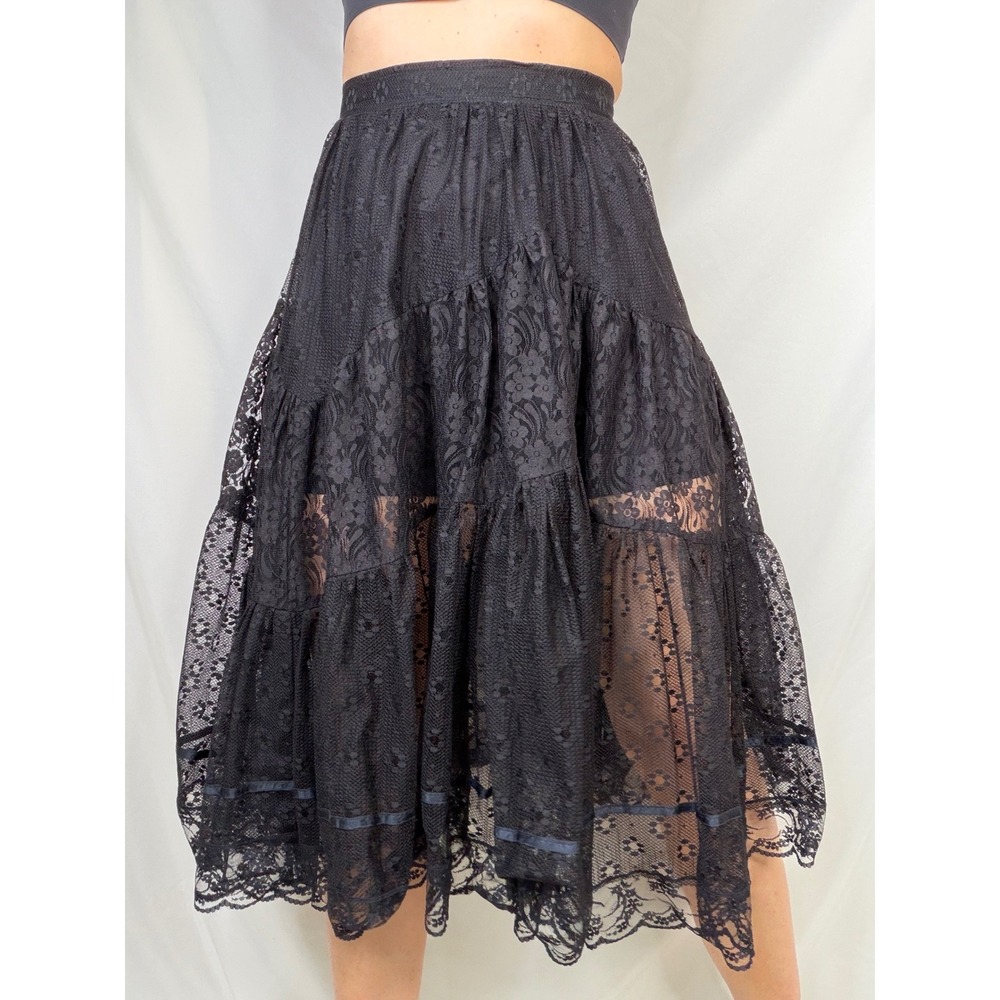 Vintage Black Sheer Patchwork Lace Tiered Midi Skirt Scalloped Hem Paris France - Picture 11 of 11
